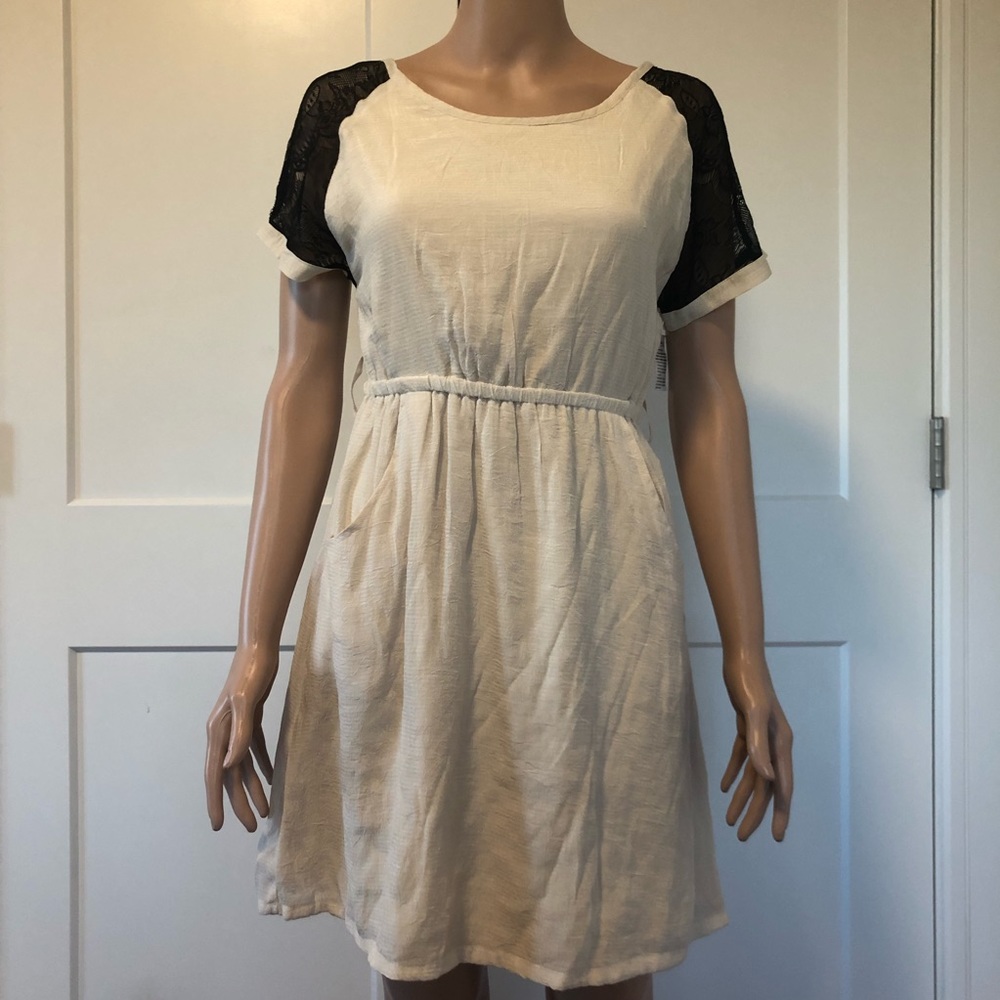 Tulle Cream Short Sleeve Mini Dress Black Lace Small